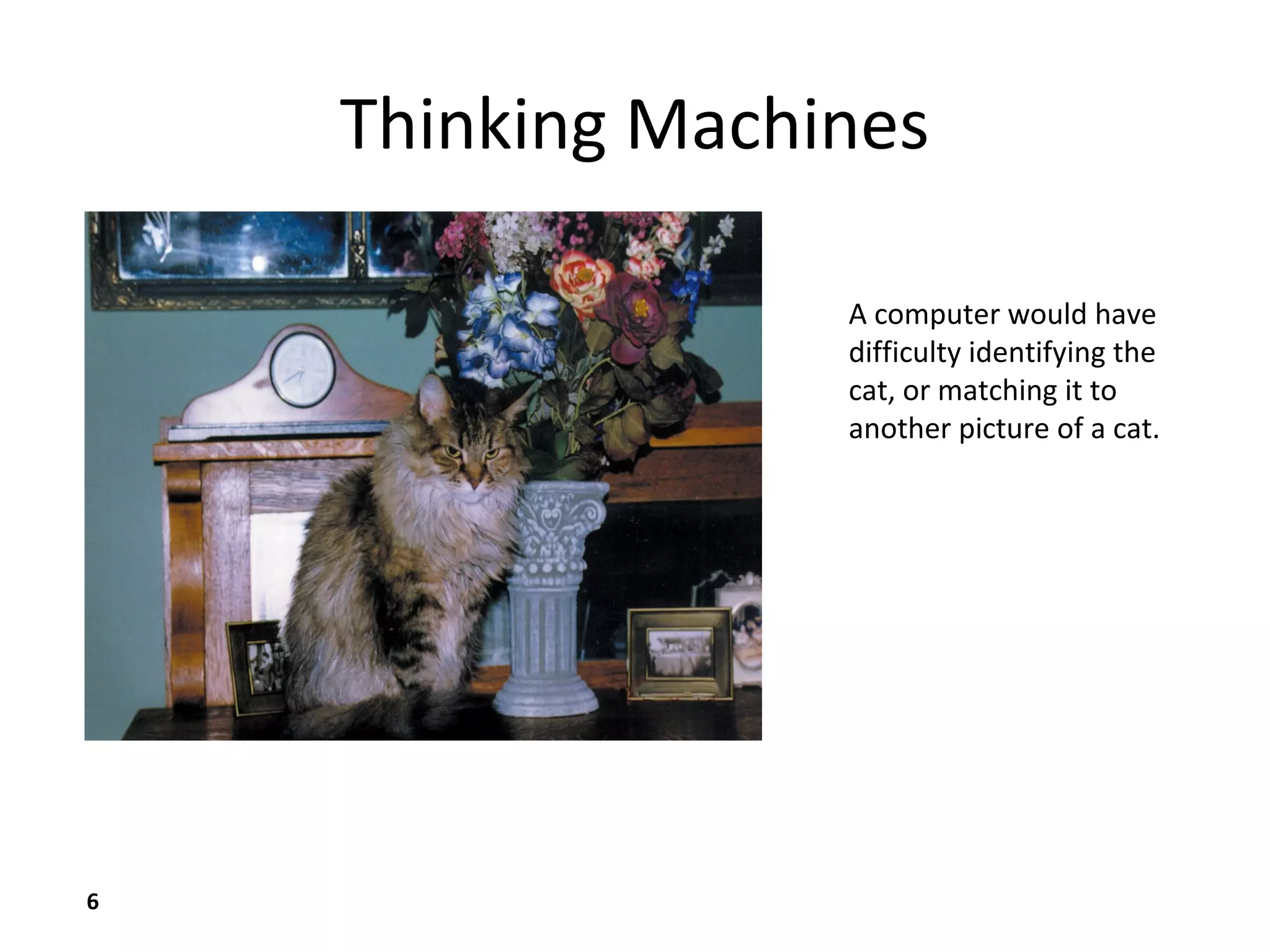 6
Thinking Machines
A computer would have
difficulty identifying the
cat, or matching it to
another picture of a cat.
 