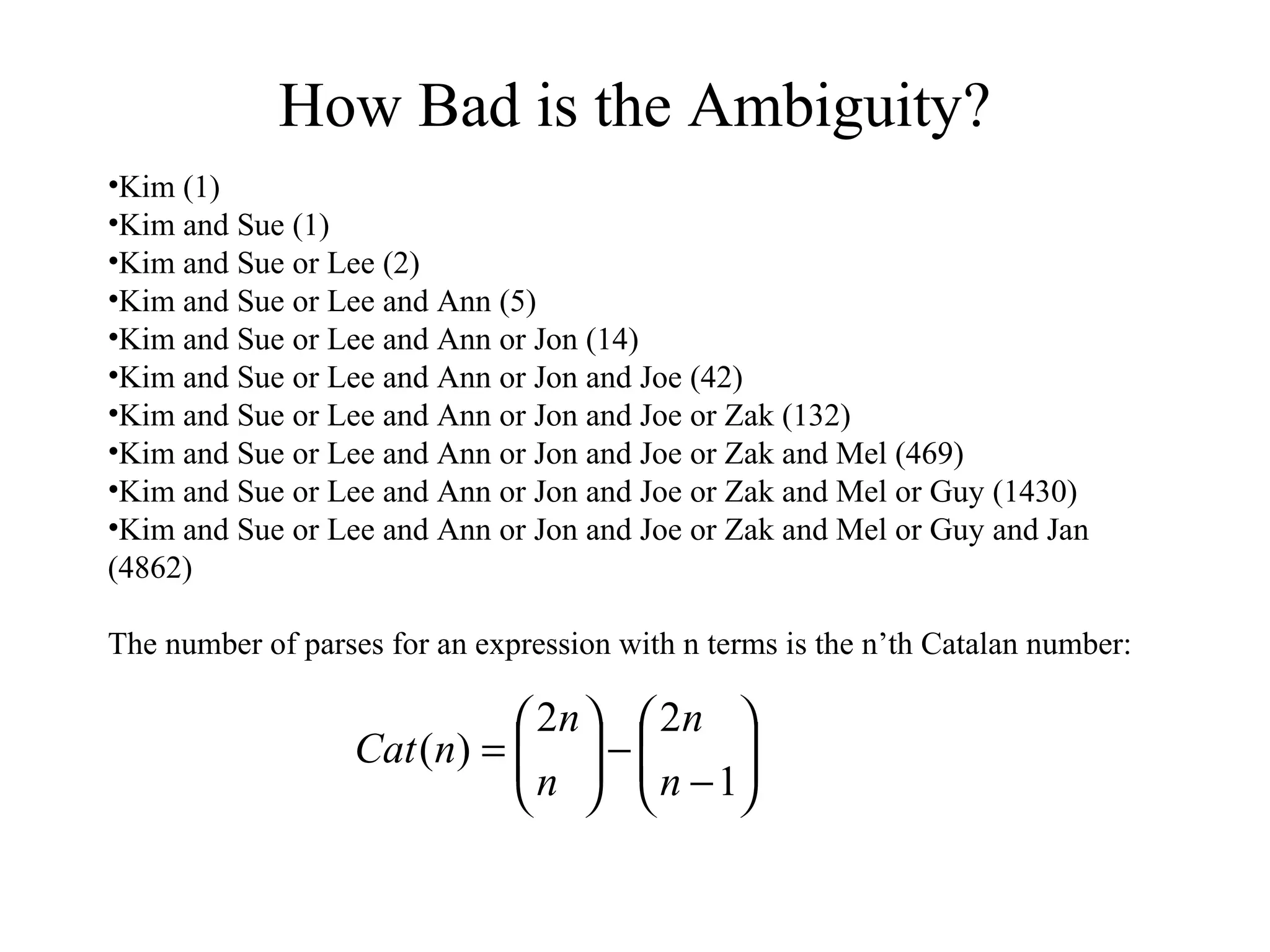 How Bad is the Ambiguity?
•Kim (1)
•Kim and Sue (1)
•Kim and Sue or Lee (2)
•Kim and Sue or Lee and Ann (5)
•Kim and Sue or Lee and Ann or Jon (14)
•Kim and Sue or Lee and Ann or Jon and Joe (42)
•Kim and Sue or Lee and Ann or Jon and Joe or Zak (132)
•Kim and Sue or Lee and Ann or Jon and Joe or Zak and Mel (469)
•Kim and Sue or Lee and Ann or Jon and Joe or Zak and Mel or Guy (1430)
•Kim and Sue or Lee and Ann or Jon and Joe or Zak and Mel or Guy and Jan
(4862)
The number of parses for an expression with n terms is the n’th Catalan number:






−
−





=
1
22
)(
n
n
n
n
nCat
 