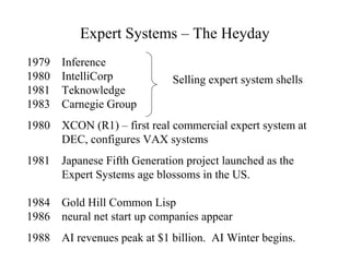 Expert Systems – The Heyday
1979 Inference
1980 IntelliCorp
1981 Teknowledge
1983 Carnegie Group
1980 XCON (R1) – first real commercial expert system at
DEC, configures VAX systems
1981 Japanese Fifth Generation project launched as the
Expert Systems age blossoms in the US.
1984 Gold Hill Common Lisp
1986 neural net start up companies appear
1988 AI revenues peak at $1 billion. AI Winter begins.
Selling expert system shells
 