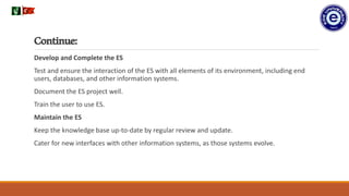 Continue:
Develop and Complete the ES
Test and ensure the interaction of the ES with all elements of its environment, including end
users, databases, and other information systems.
Document the ES project well.
Train the user to use ES.
Maintain the ES
Keep the knowledge base up-to-date by regular review and update.
Cater for new interfaces with other information systems, as those systems evolve.
.
 