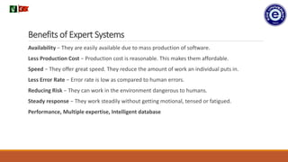 Benefits of Expert Systems
Availability − They are easily available due to mass production of software.
Less Production Cost − Production cost is reasonable. This makes them affordable.
Speed − They offer great speed. They reduce the amount of work an individual puts in.
Less Error Rate − Error rate is low as compared to human errors.
Reducing Risk − They can work in the environment dangerous to humans.
Steady response − They work steadily without getting motional, tensed or fatigued.
Performance, Multiple expertise, Intelligent database
.
 