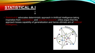 STATISTICAL A.I
:
• Statistical AI advocates deterministic approach in Artificial Intelligence taking
inspiration from mathematics and operation research. critics argue that this
approach looses capability of generalization and hence ultimate aim of Artificial
Intelligence.
 