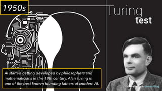 AI started getting developed by philosophers and
mathematicians in the 19th century. Alan Turing is
one of the best known founding fathers of modern AI.
1950s
 