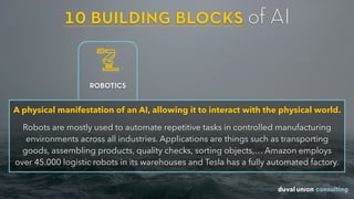 10 building blocks of AI
A physical manifestation of an AI, allowing it to interact with the physical world.
Robots are mostly used to automate repetitive tasks in controlled manufacturing
environments across all industries. Applications are things such as transporting
goods, assembling products, quality checks, sorting objects,… Amazon employs
over 45.000 logistic robots in its warehouses and Tesla has a fully automated factory.
ROBOTICS
 