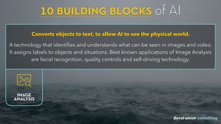 10 building blocks of AI
Converts objects to text, to allow AI to see the physical world.
A technology that identiﬁes and understands what can be seen in images and video.
It assigns labels to objects and situations. Best known applications of Image Analysis
are facial recognition, quality controls and self-driving technology.
IMAGE
ANALYSIS
 