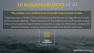 10 building blocks of AI
The creation of an artiﬁcial brain to handle large amounts of data.
Deep learning is a branch of machine learning that focuses on algorithms to create
artiﬁcial neural networks. These networks are more efﬁcient at handling data at large
scale and are used by large Internet companies to organise information, analyse and
predict behaviour, improve search and products & services and more.
DEEP
LEARNING
 