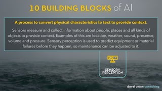 10 building blocks of AI
A process to convert physical characteristics to text to provide context.
Sensors measure and collect information about people, places and all kinds of
objects to provide context. Examples of this are location, weather, sound, presence,
volume and pressure. Sensory perception is used to predict equipment or material
failures before they happen, so maintenance can be adjusted to it.
SENSORY
PERCEPTION
 