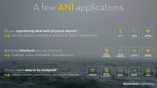 SENSORY
PERCEPTION
ROBOTICS
SPEECH
RECOGNITION
SENSORY
PERCEPTION
NATURAL
LANGUAGE
PROCESSING
NATURAL
LANGUAGE
GENERATION
KNOWLEDGE
ENGINEERING
NATURAL
LANGUAGE
PROCESSING
IMAGE
ANALYSIS
MACHINE
LEARNING
IMAGE
ANALYSIS
DEEP
LEARNING
A few ANI applications
Do you repetitively deal with physical objects?
e.g. moving objects, translating physical to digital, maintenance
Are there interfaces you can improve?
e.g. chatbots, voice commands, face detection
Do you need data to be analysed?
e.g. categorisation, predictions, recommendations
 