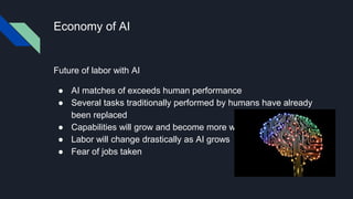 Economy of AI
Future of labor with AI
● AI matches of exceeds human performance
● Several tasks traditionally performed by humans have already
been replaced
● Capabilities will grow and become more widespread
● Labor will change drastically as AI grows
● Fear of jobs taken
 