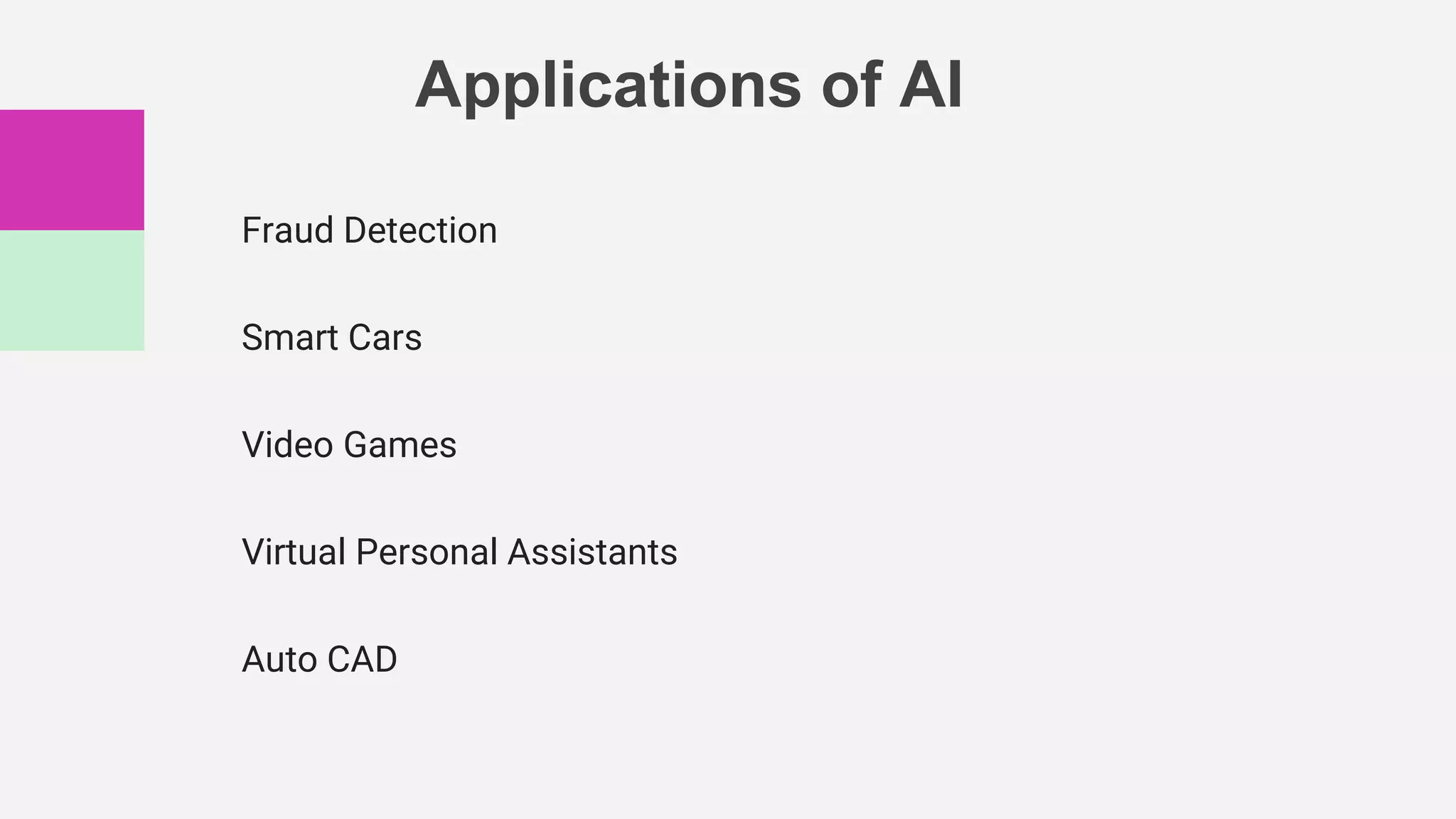 Applications of AI
Fraud Detection
Smart Cars
Video Games
Virtual Personal Assistants
Auto CAD
 