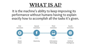 WHAT IS AI?
It is the machine’s ability to keep improving its
performance without humans having to explain
exactly how to accomplish all the tasks it’s given.
 