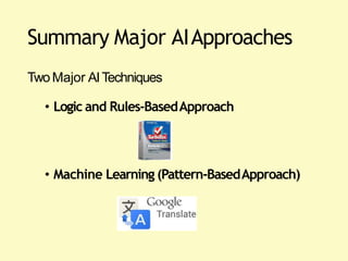 Summary Major AIApproaches
TwoMajor AITechniques
• Logic and Rules-BasedApproach
• Machine Learning (Pattern-BasedApproach)
 