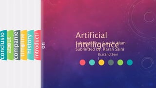 introducti
on
history
timeline
companie
s
about
conclusio
n
Submitted to: Surichi Mam
Artificial
intelligenceSubmitted by: Karan Saini
Bca(2nd Sem
)
 