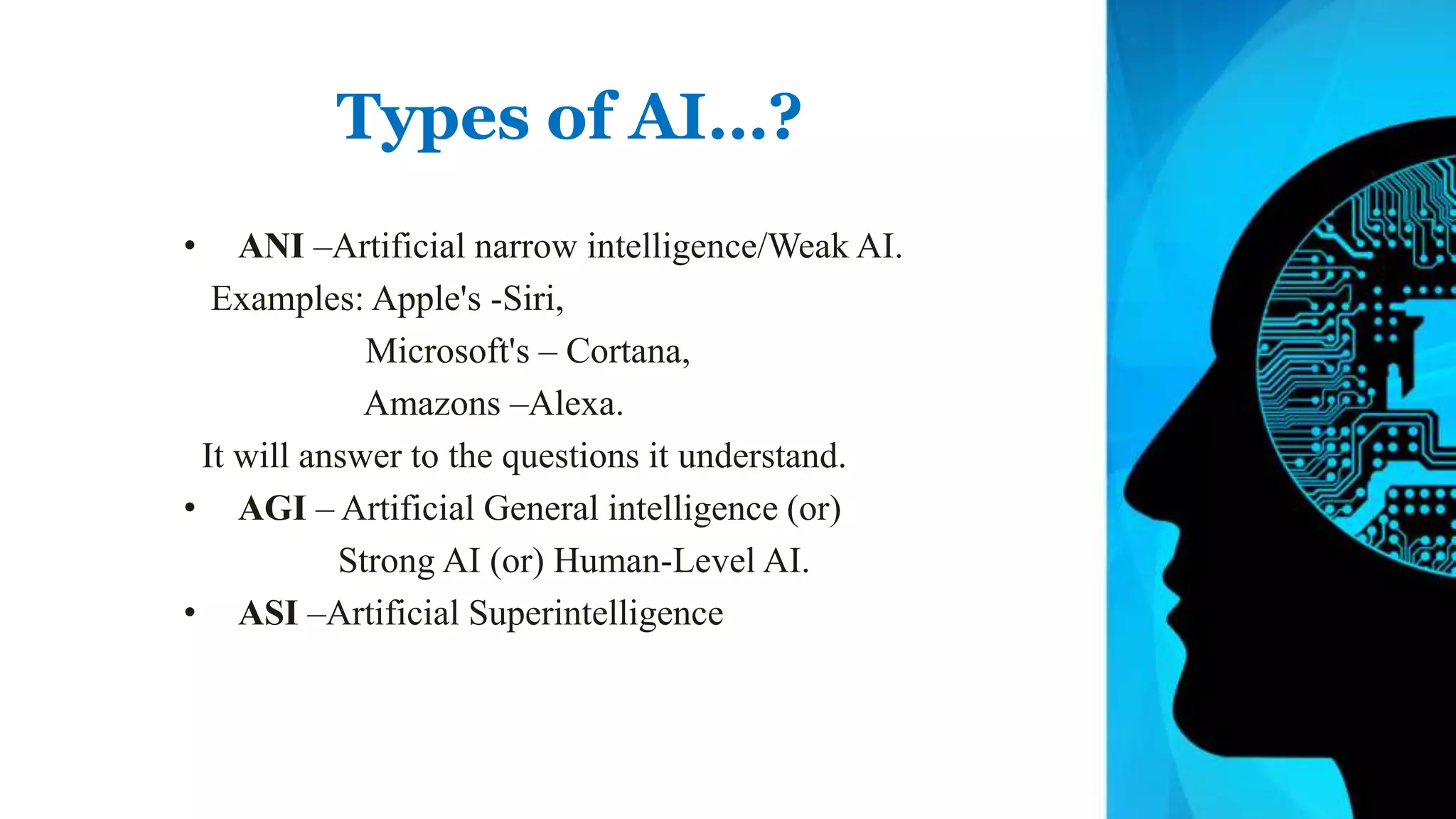 Types of AI…?
• ANI –Artificial narrow intelligence/Weak AI.
Examples: Apple's -Siri,
Microsoft's – Cortana,
Amazons –Alexa.
It will answer to the questions it understand.
• AGI – Artificial General intelligence (or)
Strong AI (or) Human-Level AI.
• ASI –Artificial Superintelligence
 
