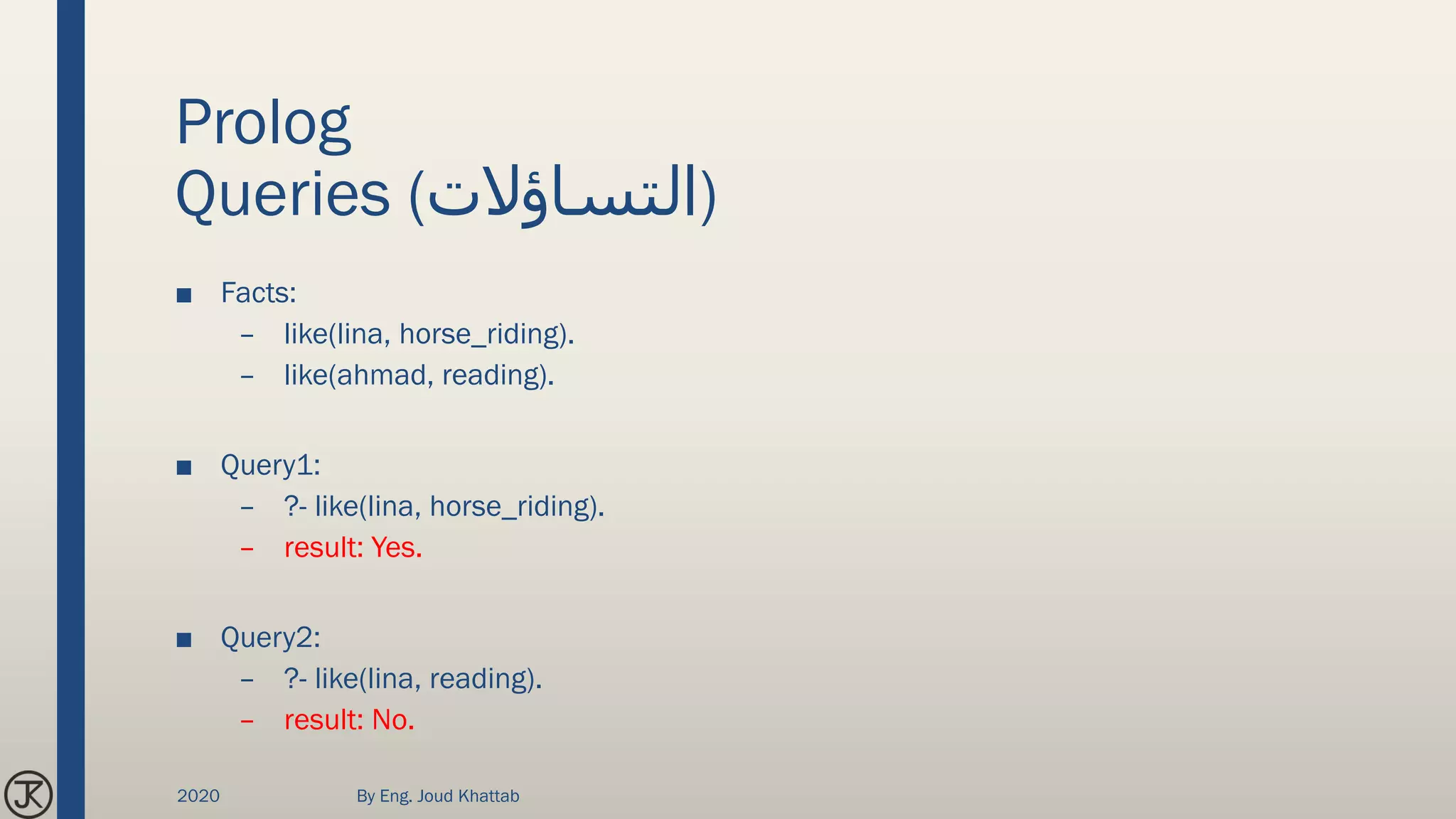 Prolog
Queries (‫)التساؤالت‬
■ Facts:
– like(lina, horse_riding).
– like(ahmad, reading).
■ Query1:
– ?- like(lina, horse_riding).
– result: Yes.
■ Query2:
– ?- like(lina, reading).
– result: No.
2020 By Eng. Joud Khattab
 