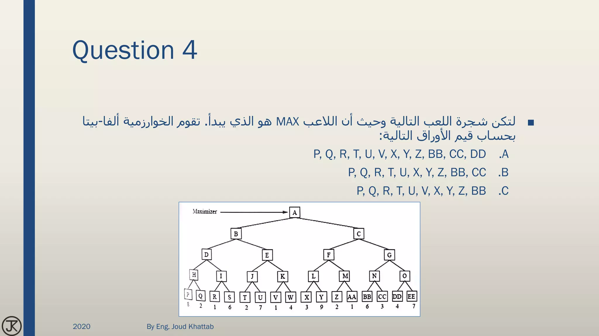 Question 4
■‫الالعب‬ ‫أن‬ ‫وحيث‬ ‫التالية‬ ‫اللعب‬ ‫شجرة‬ ‫لتكن‬MAX‫يبدأ‬ ‫الذي‬ ‫هو‬.‫ألفا‬ ‫الخوارزمية‬ ‫تقوم‬-‫بيتا‬
‫التالية‬ ‫األوراق‬ ‫قيم‬ ‫بحساب‬:
.AP, Q, R, T, U, V, X, Y, Z, BB, CC, DD
.BP, Q, R, T, U, X, Y, Z, BB, CC
.CP, Q, R, T, U, V, X, Y, Z, BB
2020 By Eng. Joud Khattab
 