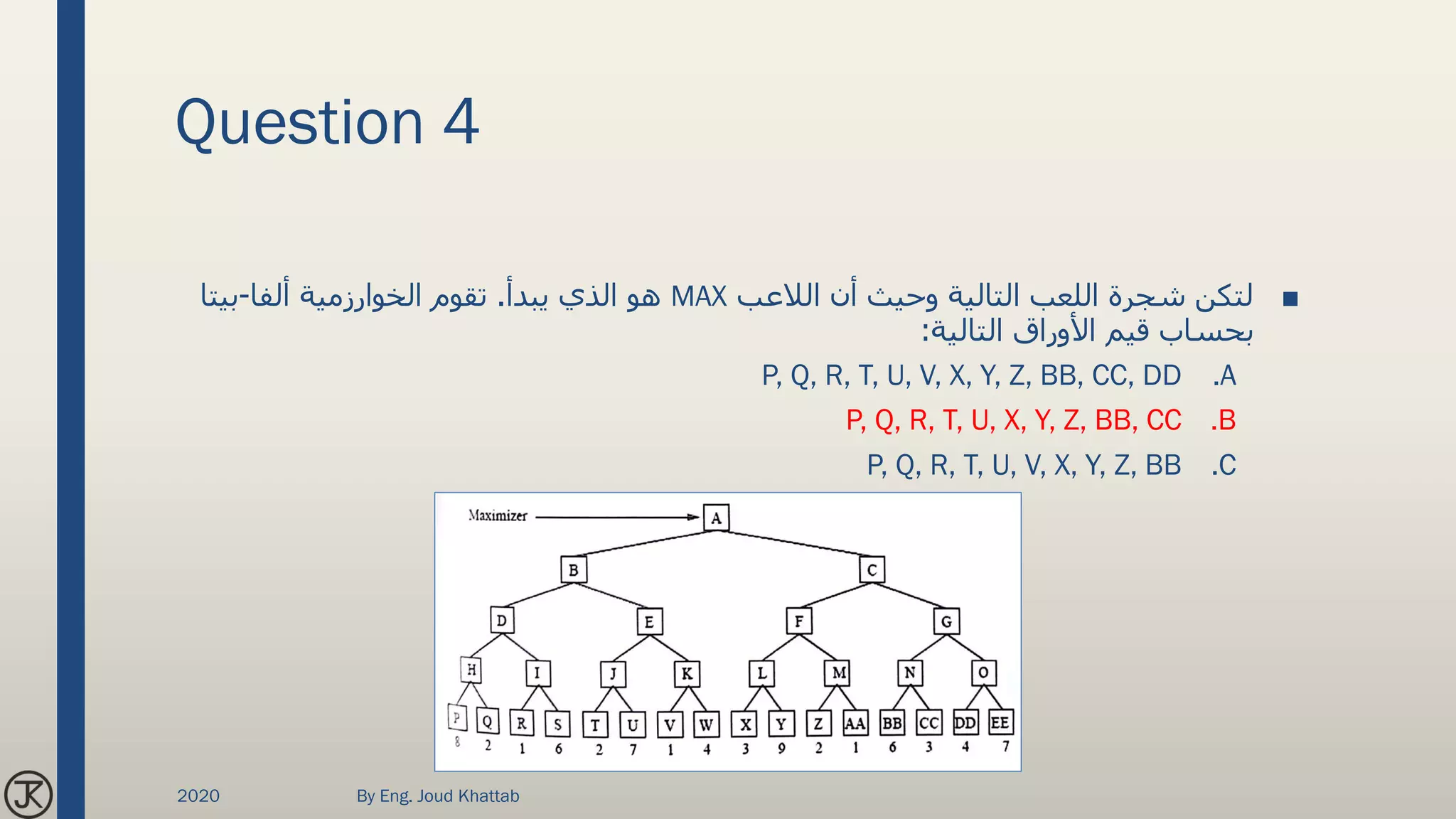 Question 4
■‫الالعب‬ ‫أن‬ ‫وحيث‬ ‫التالية‬ ‫اللعب‬ ‫شجرة‬ ‫لتكن‬MAX‫يبدأ‬ ‫الذي‬ ‫هو‬.‫ألفا‬ ‫الخوارزمية‬ ‫تقوم‬-‫بيتا‬
‫التالية‬ ‫األوراق‬ ‫قيم‬ ‫بحساب‬:
.AP, Q, R, T, U, V, X, Y, Z, BB, CC, DD
.BP, Q, R, T, U, X, Y, Z, BB, CC
.CP, Q, R, T, U, V, X, Y, Z, BB
2020 By Eng. Joud Khattab
 