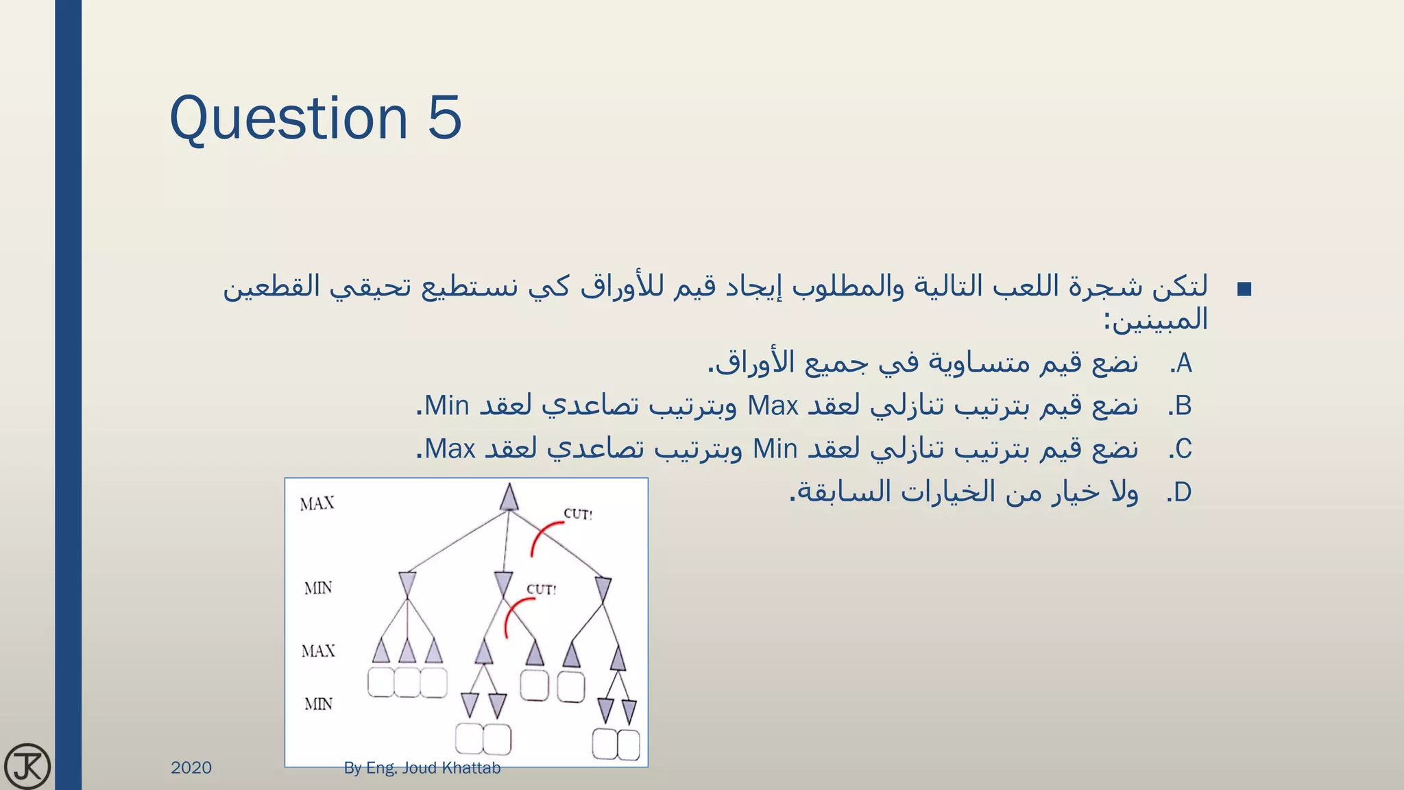 Question 5
■‫الق‬ ‫تحيقي‬ ‫نستطيع‬ ‫كي‬ ‫لألوراق‬ ‫قيم‬ ‫إيجاد‬ ‫والمطلوب‬ ‫التالية‬ ‫اللعب‬ ‫شجرة‬ ‫لتكن‬‫طعين‬
‫المبينين‬:
.A‫األوراق‬ ‫جميع‬ ‫في‬ ‫متساوية‬ ‫قيم‬ ‫نضع‬.
.B‫لعقد‬ ‫تنازلي‬ ‫بترتيب‬ ‫قيم‬ ‫نضع‬Max‫لعقد‬ ‫تصاعدي‬ ‫وبترتيب‬Min.
.C‫لعقد‬ ‫تنازلي‬ ‫بترتيب‬ ‫قيم‬ ‫نضع‬Min‫لعقد‬ ‫تصاعدي‬ ‫وبترتيب‬Max.
.D‫السابقة‬ ‫الخيارات‬ ‫من‬ ‫خيار‬ ‫وال‬.
2020 By Eng. Joud Khattab
 