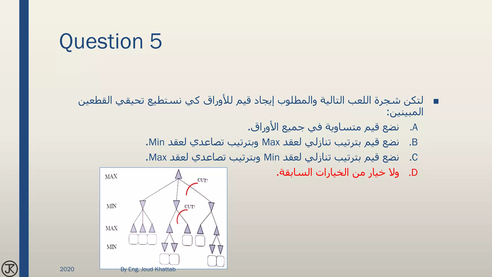 Question 5
■‫الق‬ ‫تحيقي‬ ‫نستطيع‬ ‫كي‬ ‫لألوراق‬ ‫قيم‬ ‫إيجاد‬ ‫والمطلوب‬ ‫التالية‬ ‫اللعب‬ ‫شجرة‬ ‫لتكن‬‫طعين‬
‫المبينين‬:
.A‫األوراق‬ ‫جميع‬ ‫في‬ ‫متساوية‬ ‫قيم‬ ‫نضع‬.
.B‫لعقد‬ ‫تنازلي‬ ‫بترتيب‬ ‫قيم‬ ‫نضع‬Max‫لعقد‬ ‫تصاعدي‬ ‫وبترتيب‬Min.
.C‫لعقد‬ ‫تنازلي‬ ‫بترتيب‬ ‫قيم‬ ‫نضع‬Min‫لعقد‬ ‫تصاعدي‬ ‫وبترتيب‬Max.
.D‫السابقة‬ ‫الخيارات‬ ‫من‬ ‫خيار‬ ‫وال‬.
2020 By Eng. Joud Khattab
 