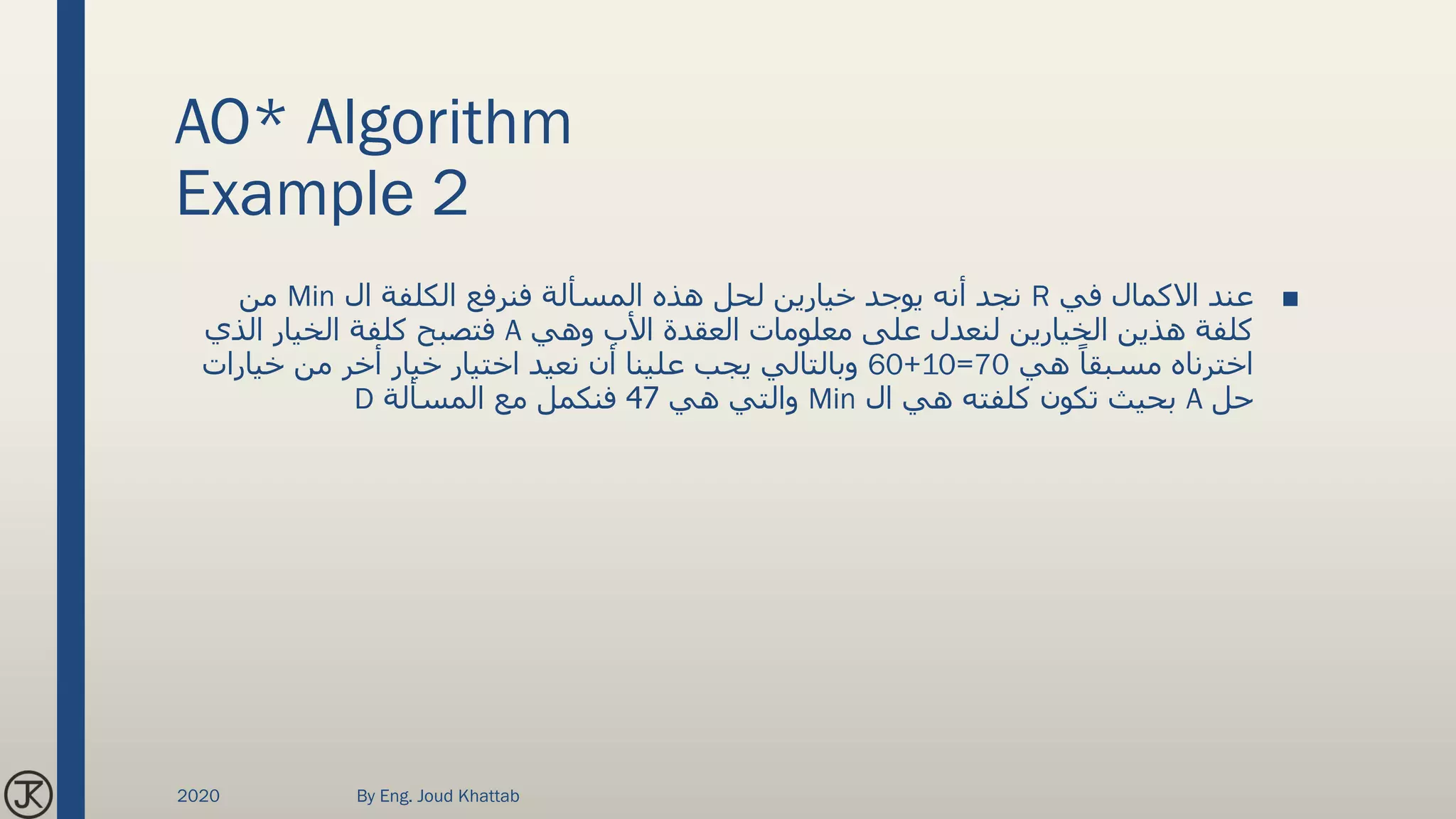 AO* Algorithm
Example 2
■‫في‬ ‫االكمال‬ ‫عند‬R‫ال‬ ‫الكلفة‬ ‫فنرفع‬ ‫المسألة‬ ‫هذه‬ ‫لحل‬ ‫خيارين‬ ‫يوجد‬ ‫أنه‬ ‫نجد‬Min‫من‬
‫وهي‬ ‫األب‬ ‫العقدة‬ ‫معلومات‬ ‫على‬ ‫لنعدل‬ ‫الخيارين‬ ‫هذين‬ ‫كلفة‬A‫الذي‬ ‫الخيار‬ ‫كلفة‬ ‫فتصبح‬
‫هي‬ ً‫مسبقا‬ ‫اخترناه‬60+10=70‫خيارات‬ ‫من‬ ‫أخر‬ ‫خيار‬ ‫اختيار‬ ‫نعيد‬ ‫أن‬ ‫علينا‬ ‫يجب‬ ‫وبالتالي‬
‫حل‬A‫ال‬ ‫هي‬ ‫كلفته‬ ‫تكون‬ ‫بحيث‬Min‫هي‬ ‫والتي‬47‫المسألة‬ ‫مع‬ ‫فنكمل‬D
2020 By Eng. Joud Khattab
 
