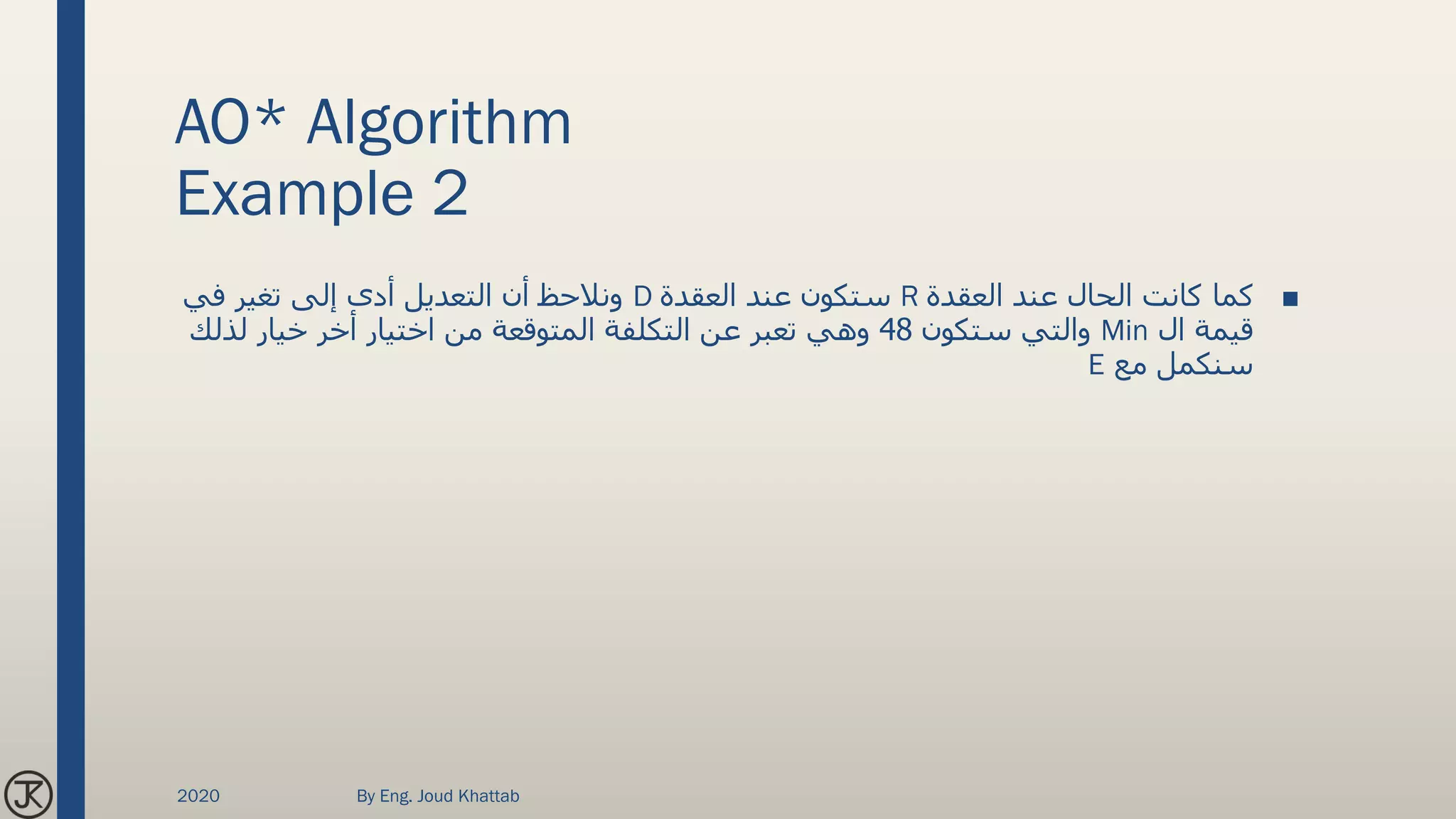 AO* Algorithm
Example 2
■‫العقدة‬ ‫عند‬ ‫الحال‬ ‫كانت‬ ‫كما‬R‫العقدة‬ ‫عند‬ ‫ستكون‬D‫في‬ ‫تغير‬ ‫إلى‬ ‫أدى‬ ‫التعديل‬ ‫أن‬ ‫ونالحظ‬
‫ال‬ ‫قيمة‬Min‫ستكون‬ ‫والتي‬48‫لذلك‬ ‫خيار‬ ‫أخر‬ ‫اختيار‬ ‫من‬ ‫المتوقعة‬ ‫التكلفة‬ ‫عن‬ ‫تعبر‬ ‫وهي‬
‫مع‬ ‫سنكمل‬E
2020 By Eng. Joud Khattab
 