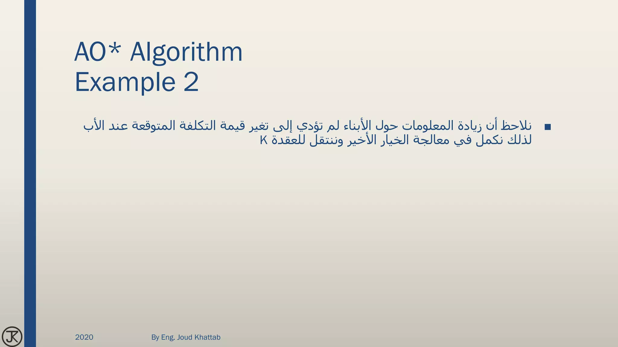 AO* Algorithm
Example 2
■‫ع‬ ‫المتوقعة‬ ‫التكلفة‬ ‫قيمة‬ ‫تغير‬ ‫إلى‬ ‫تؤدي‬ ‫لم‬ ‫األبناء‬ ‫حول‬ ‫المعلومات‬ ‫زيادة‬ ‫أن‬ ‫نالحظ‬‫األب‬ ‫ند‬
‫للعقدة‬ ‫وننتقل‬ ‫األخير‬ ‫الخيار‬ ‫معالجة‬ ‫في‬ ‫نكمل‬ ‫لذلك‬K
2020 By Eng. Joud Khattab
 