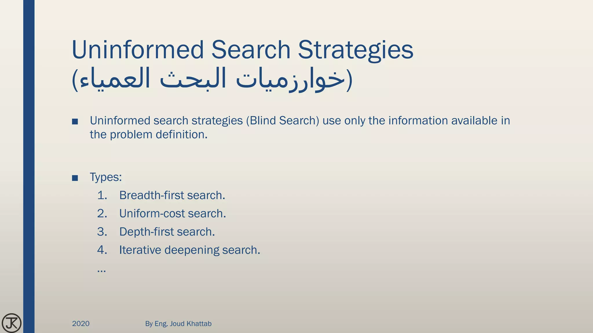 Uninformed Search Strategies
(‫العمياء‬ ‫البحث‬ ‫)خوارزميات‬
■ Uninformed search strategies (Blind Search) use only the information available in
the problem definition.
■ Types:
1. Breadth-first search.
2. Uniform-cost search.
3. Depth-first search.
4. Iterative deepening search.
…
2020 By Eng. Joud Khattab
 