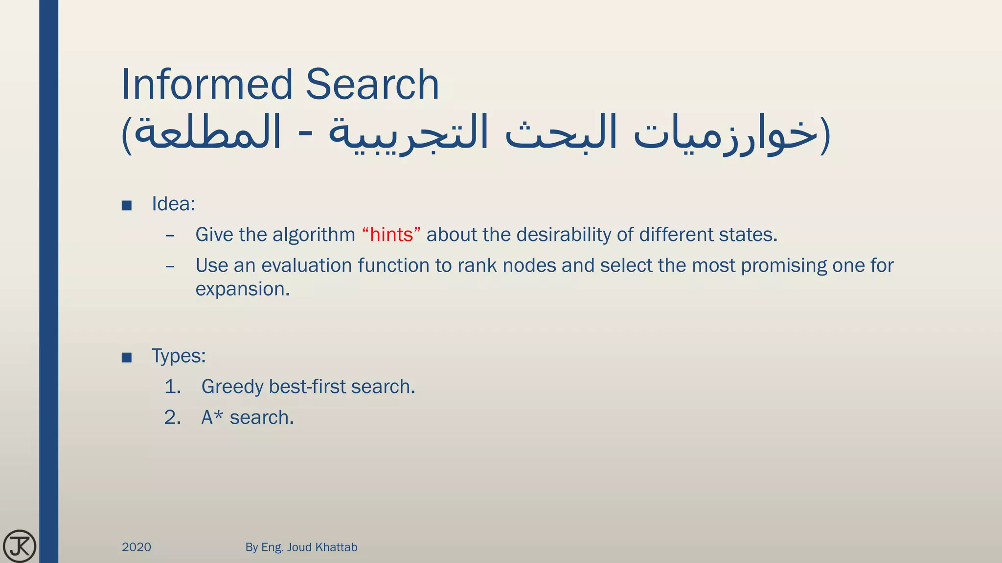 Informed Search
( ‫التجريبية‬ ‫البحث‬ ‫خوارزميات‬-‫المطلعة‬ )
■ Idea:
– Give the algorithm “hints” about the desirability of different states.
– Use an evaluation function to rank nodes and select the most promising one for
expansion.
■ Types:
1. Greedy best-first search.
2. A* search.
2020 By Eng. Joud Khattab
 