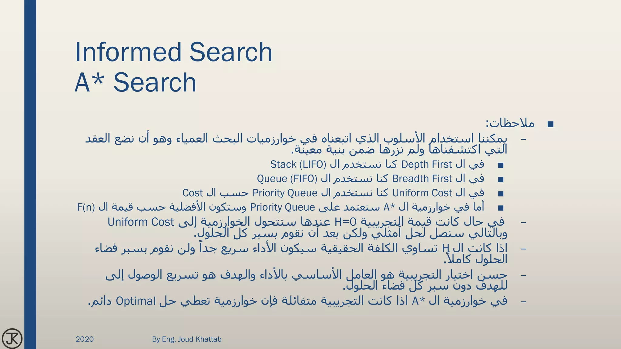 Informed Search
A* Search
■‫مالحظات‬:
–‫ال‬ ‫نضع‬ ‫أن‬ ‫وهو‬ ‫العمياء‬ ‫البحث‬ ‫خوارزميات‬ ‫في‬ ‫اتبعناه‬ ‫الذي‬ ‫األسلوب‬ ‫استخدام‬ ‫يمكننا‬‫عقد‬
‫معينة‬ ‫بنية‬ ‫ضمن‬ ‫نزرها‬ ‫ولم‬ ‫اكتشفناها‬ ‫التي‬.
■‫ال‬ ‫في‬Depth First‫ال‬ ‫نستخدم‬ ‫كنا‬Stack (LIFO)
■‫ال‬ ‫في‬Breadth First‫ال‬ ‫نستخدم‬ ‫كنا‬Queue (FIFO)
■‫ال‬ ‫في‬Uniform Cost‫ال‬ ‫نستخدم‬ ‫كنا‬Priority Queue‫ال‬ ‫حسب‬Cost
■‫ال‬ ‫خوارزمية‬ ‫في‬ ‫أما‬A*‫على‬ ‫سنعتمد‬Priority Queue‫ال‬ ‫قيمة‬ ‫حسب‬ ‫األفضلية‬ ‫وستكون‬F(n)
–‫التجريبية‬ ‫قيمة‬ ‫كانت‬ ‫حال‬ ‫في‬H=0‫إلى‬ ‫الخوارزمية‬ ‫ستتحول‬ ‫عندها‬Uniform Cost
‫الحلول‬ ‫كل‬ ‫بسبر‬ ‫نقوم‬ ‫أن‬ ‫بعد‬ ‫ولكن‬ ‫أمثلي‬ ‫لحل‬ ‫سنصل‬ ‫وبالتالي‬.
–‫ال‬ ‫كانت‬ ‫اذا‬H‫ف‬ ‫بسبر‬ ‫نقوم‬ ‫ولن‬ ً‫جدا‬ ‫سريع‬ ‫األداء‬ ‫سيكون‬ ‫الحقيقية‬ ‫الكلفة‬ ‫تساوي‬‫ضاء‬
ً‫كامال‬ ‫الحلول‬.
–‫إلى‬ ‫الوصول‬ ‫تسريع‬ ‫هو‬ ‫والهدف‬ ‫باألداء‬ ‫األساسي‬ ‫العامل‬ ‫هو‬ ‫التجريبية‬ ‫اختيار‬ ‫حسن‬
‫الحلول‬ ‫فضاء‬ ‫كل‬ ‫سبر‬ ‫دون‬ ‫للهدف‬.
–‫ال‬ ‫خوارزمية‬ ‫في‬A*‫حل‬ ‫تعطي‬ ‫خوارزمية‬ ‫فإن‬ ‫متفائلة‬ ‫التجريبية‬ ‫كانت‬ ‫اذا‬Optimal‫دائم‬.
2020 By Eng. Joud Khattab
 