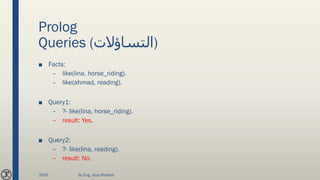 Prolog
Queries (‫)التساؤالت‬
■ Facts:
– like(lina, horse_riding).
– like(ahmad, reading).
■ Query1:
– ?- like(lina, horse_riding).
– result: Yes.
■ Query2:
– ?- like(lina, reading).
– result: No.
2020 By Eng. Joud Khattab
 