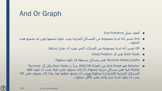 And Or Graph
■‫تمثل‬ ‫العقد‬Sub Problems
■And‫مجموعة‬ ‫لدينا‬ ‫أنه‬ ‫تعني‬‫المسائل‬ ‫من‬‫تجميع‬ ‫ثم‬ ‫ومن‬ ‫جميعها‬ ‫حلها‬ ‫يجب‬ ‫الجزئية‬‫هذه‬
‫الحلول‬.
■OR‫إحداها‬ ‫نختار‬ ‫أن‬ ‫يجب‬ ‫التي‬ ‫الخيارات‬ ‫من‬ ‫مجموعة‬ ‫لدينا‬ ‫أنه‬ ‫تعني‬.
■Start Node‫ال‬ ‫هي‬Initial Problem
■Terminal Nodes (Leafs)‫محلولة‬ ‫تكون‬ ‫قد‬ ‫بسيطة‬ ‫مسائل‬ ‫هي‬.
■Solution‫هو‬Sub Graph‫من‬AND/OR Graph‫ب‬ ‫يبدأ‬Start Node‫ال‬ ‫وكل‬Terminal
Nodes‫محلولة‬ ‫جزئية‬ ‫مسائل‬ ‫هي‬ ‫فيه‬,‫على‬ ‫يحتوي‬ ‫كان‬ ‫اذا‬And‫كافة‬ ‫تكون‬ ‫أن‬ ‫يجب‬
‫الجزئية‬ ‫المسائل‬(‫الخيارات‬)‫على‬ ‫يحتوي‬ ‫كان‬ ‫واذا‬ ،ً‫معا‬ ‫حلولها‬ ‫نجمع‬ ‫أن‬ ‫ويجب‬ ‫محلولة‬OR
‫محلول‬ ‫قل‬ٌ‫األ‬ ‫على‬ ‫واحد‬ ‫خيار‬ ‫لدينا‬ ‫يكون‬ ‫أن‬ ‫يجب‬.
2020 By Eng. Joud Khattab
 