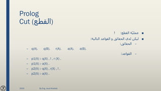 Prolog
Cut (‫)القطع‬
■‫القطع‬ ‫ة‬ّ‫ي‬‫عمل‬! :
■‫التالية‬ ‫القواعد‬ ‫و‬ ‫الحقائق‬ ‫لدي‬ ‫ليكن‬:
–‫الحقائق‬:
– q(A). q(B). r(A). a(A). a(B).
–‫القواعد‬:
– p1(X) :- q(X) , ! , r (X) .
– p1(X) :- a(X) .
– p2(X) :- q(X) , r(X) , ! .
– p2(X) :- a(X) .
2020 By Eng. Joud Khattab
 