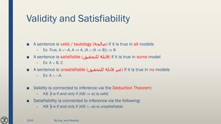 Validity and Satisfiability
■ A sentence is valid / tautology (‫)صالحة‬ if it is true in all models
– Ex: True, A A, A  A, (A  (A  B))  B
■ A sentence is satisfiable (‫للتحقيق‬ ‫)قابلة‬ if it is true in some model
– Ex: A  B, C
■ A sentence is unsatisfiable (‫للتحقيق‬ ‫قابلة‬ ‫)غير‬ if it is true in no models
– Ex: A  A
■ Validity is connected to inference via the Deduction Theorem:
– KB ╞ α if and only if (KB  α) is valid
■ Satisfiability is connected to inference via the following:
– KB ╞ α if and only if (KB α) is unsatisfiable
2020 By Eng. Joud Khattab
 