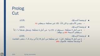 Prolog
Cut
■‫التساؤل‬ ‫وضعنا‬ ‫لو‬p1(B).
–ّ‫ن‬‫أل‬ ‫لكن‬ ‫و‬ ‫األسلوب‬ ‫بنفس‬r(B)‫سيعطي‬ ‫قة‬ّ‫ق‬‫مح‬ ‫غير‬no
■‫التساؤل‬ ‫وضعنا‬ ‫لو‬p2(A).
–q‫أجل‬ ‫من‬Aِ‫ـ‬‫ل‬ ‫سينتقل‬ ،‫قة‬ّ‫ق‬‫مح‬r(X)‫و‬r‫أجل‬ ‫من‬a‫لـ‬ ‫بعدها‬ ‫وينتقل‬ ،‫قة‬ّ‫ق‬‫مح‬!ً‫إذا‬ ،
‫النتيجة‬ ‫سيعطي‬yes‫ف‬ّ‫يتوق‬ ‫و‬.
■‫التساؤل‬ ‫وضعنا‬ ‫لو‬p2(B).
–q‫أجل‬ ‫من‬Bّ‫ن‬‫لك‬ ،‫قة‬ّ‫ق‬‫مح‬r‫أجل‬ ‫من‬ ‫قة‬ّ‫ق‬‫مح‬ ‫غير‬B،‫الـ‬ ‫يرى‬ ‫لن‬ ً‫إذا‬!‫للقاعدة‬ ‫يذهب‬ ،
4‫فالجواب‬ ،‫قة‬ّ‫ق‬‫مح‬ ‫ويجدها‬yes
2020 By Eng. Joud Khattab
 