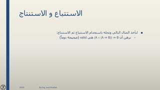 ‫االستنتاج‬ ‫و‬ ‫االستتباع‬
■‫االستنتاج‬ ‫ثم‬ ‫االستتباع‬ ‫باستخدام‬ ‫ونحله‬ ‫التالي‬ ‫المثال‬ ‫لنأخذ‬:
–‫أن‬ ‫برهن‬(A  (A ⇒ B)) ⇒ B‫هي‬valid(ً‫دوما‬ ‫صحيحة‬)
2020 By Eng. Joud Khattab
 