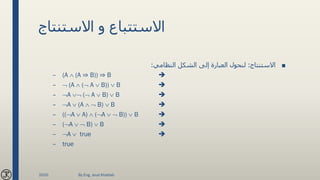‫االستنتاج‬ ‫و‬ ‫االستتباع‬
■‫االستنتاج‬:‫النظامي‬ ‫الشكل‬ ‫إلى‬ ‫العبارة‬ ‫لنحول‬:
– (A  (A ⇒ B)) ⇒ B ➔
–  (A  ( A  B))  B ➔
– A  ( A  B)  B ➔
– A  (A   B)  B ➔
– ((A  A)  (A   B))  B ➔
– (A   B)  B ➔
– A  true ➔
– true
2020 By Eng. Joud Khattab
 