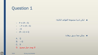 Question 1
■‫التالية‬ ‫القواعد‬ ‫مجموعة‬ ‫لدينا‬ ‫لتكن‬:
– P ⇒ (R  S)
–  P ⇒ (R  S)
– S
– (R  U) ⇒ Q
■‫برهان‬ ‫سبق‬ ‫مما‬ ‫يمكن‬:
A. Q
B.  Q
C. S
D. ‫صحيح‬ ‫خيار‬ ‫يوجد‬ ‫ال‬
2020 By Eng. Joud Khattab
 