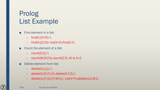 Prolog
List Example
■ Find element in a list:
– find(X,[X|Y]):-!.
– find(X,[Z|Y]):-not(X=Z),find(X,Y).
■ Count the element of a list:
– count(0,[]):-!.
– count(W,[X|Y]):-count(Z,Y), W is X+Z.
■ Delete element from list:
– delete(X,[],[]):-!.
– delete(X,[X|Y],Z):-delete(X,Y,Z),!.
– delete(X,[Y|Z],[Y|W1]):- not(X=Y),delete(X,Z,W1).
2020 By Eng. Joud Khattab
 