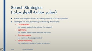 Search Strategies
(‫الخوارزميات‬ ‫مقارنة‬ ‫معايير‬)
■ A search strategy is defined by picking the order of node expansion.
■ Strategies are evaluated along the following dimensions:
– Completeness:
■ does it always find a solution if one exists?
– Optimality:
■ does it always find a least-cost solution?
– Time complexity:
■ number of nodes generated.
– Space complexity:
■ maximum number of nodes in memory.
2020 By Eng. Joud Khattab
 