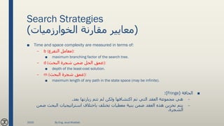 Search Strategies
(‫الخوارزميات‬ ‫مقارنة‬ ‫معايير‬)
■ Time and space complexity are measured in terms of:
– b (‫التفرع‬ ‫:)معامل‬
■ maximum branching factor of the search tree.
– d (‫البحث‬ ‫شجرة‬ ‫ضمن‬ ‫الحل‬ ‫:)عمق‬
■ depth of the least-cost solution.
– m (‫البحث‬ ‫شجرة‬ ‫:)عمق‬
■ maximum length of any path in the state space (may be infinite).
■‫الحافة‬(Fringe:)
–‫بعد‬ ‫زيارتها‬ ‫تتم‬ ‫لم‬ ‫ولكن‬ ‫اكتشافها‬ ‫تم‬ ‫التي‬ ‫العقد‬ ‫مجموعة‬ ‫هي‬.
–‫البحث‬ ‫استراتيجيات‬ ‫باختالف‬ ‫تختلف‬ ‫معطيات‬ ‫بنية‬ ‫ضمن‬ ‫العقد‬ ‫هذه‬ ‫تخزين‬ ‫يتم‬‫ضمن‬
‫الشجرة‬.
2020 By Eng. Joud Khattab
 