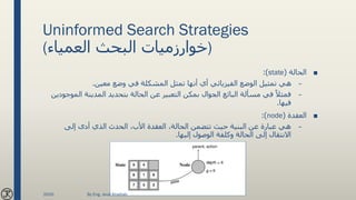 Uninformed Search Strategies
(‫العمياء‬ ‫البحث‬ ‫)خوارزميات‬
■‫الحالة‬(state:)
–‫معين‬ ‫وضع‬ ‫في‬ ‫المشكلة‬ ‫تمثل‬ ‫أنها‬ ‫أي‬ ‫الفيزيائي‬ ‫الوضع‬ ‫تمثيل‬ ‫هي‬.
–‫ال‬ ‫المدينة‬ ‫بتحديد‬ ‫الحالة‬ ‫عن‬ ‫التعبير‬ ‫بمكن‬ ‫الجوال‬ ‫البائع‬ ‫مسألة‬ ‫في‬ ً‫فمثال‬‫موجودين‬
‫فيها‬.
■‫العقدة‬(node:)
–‫إلى‬ ‫أدى‬ ‫الذي‬ ‫الحدث‬ ،‫األب‬ ‫العقدة‬ ،‫الحالة‬ ‫تتضمن‬ ‫حيث‬ ‫البنية‬ ‫عن‬ ‫عبارة‬ ‫هي‬
‫إليها‬ ‫الوصول‬ ‫وكلفة‬ ‫الحالة‬ ‫إلى‬ ‫االنتقال‬.
2020 By Eng. Joud Khattab
 