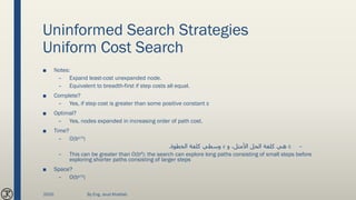 Uninformed Search Strategies
Uniform Cost Search
■ Notes:
– Expand least-cost unexpanded node.
– Equivalent to breadth-first if step costs all equal.
■ Complete?
– Yes, if step cost is greater than some positive constant ε
■ Optimal?
– Yes, nodes expanded in increasing order of path cost.
■ Time?
– O(bc/ε)
–c‫و‬ ،‫األمثل‬ ‫الحل‬ ‫كلفة‬ ‫هي‬𝜀‫الخطوة‬ ‫كلفة‬ ‫وسطي‬.
– This can be greater than O(bd): the search can explore long paths consisting of small steps before
exploring shorter paths consisting of larger steps
■ Space?
– O(bc/ε)
2020 By Eng. Joud Khattab
 