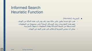 Informed Search
Heuristic Function
■‫التجريبة‬( :Heuristic)
–‫الهدف‬ ‫من‬ ‫الحالة‬ ‫هذه‬ ‫قرب‬ ‫يقدر‬ ‫رقم‬ ‫يعيد‬ ‫حالة‬ ‫على‬ ‫يطبق‬ ‫عندما‬ ‫تابع‬ ‫هي‬.
–‫المعلومات‬ ‫من‬ ‫مجموعة‬ ‫على‬ ً‫اعتمادا‬ ‫المسائل‬ ‫بحل‬ ‫الخوارزميات‬ ‫هذه‬ ‫تقوم‬
‫بالتجريبية‬ ‫ندعوها‬ ‫المعلومات‬ ‫وهذه‬ ‫المسألة‬ ‫طبيعة‬ ‫من‬ ‫المستنبطة‬.
–‫تبخس‬ ‫ان‬ ‫يمكن‬‫التجريبة‬‫الهدف‬ ‫عن‬ ‫البعد‬ ‫تقدير‬ ‫في‬ ‫تغالي‬ ‫أو‬.
2020 By Eng. Joud Khattab
 