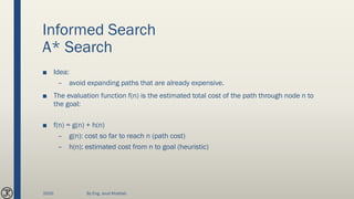 Informed Search
A* Search
■ Idea:
– avoid expanding paths that are already expensive.
■ The evaluation function f(n) is the estimated total cost of the path through node n to
the goal:
■ f(n) = g(n) + h(n)
– g(n): cost so far to reach n (path cost)
– h(n): estimated cost from n to goal (heuristic)
2020 By Eng. Joud Khattab
 
