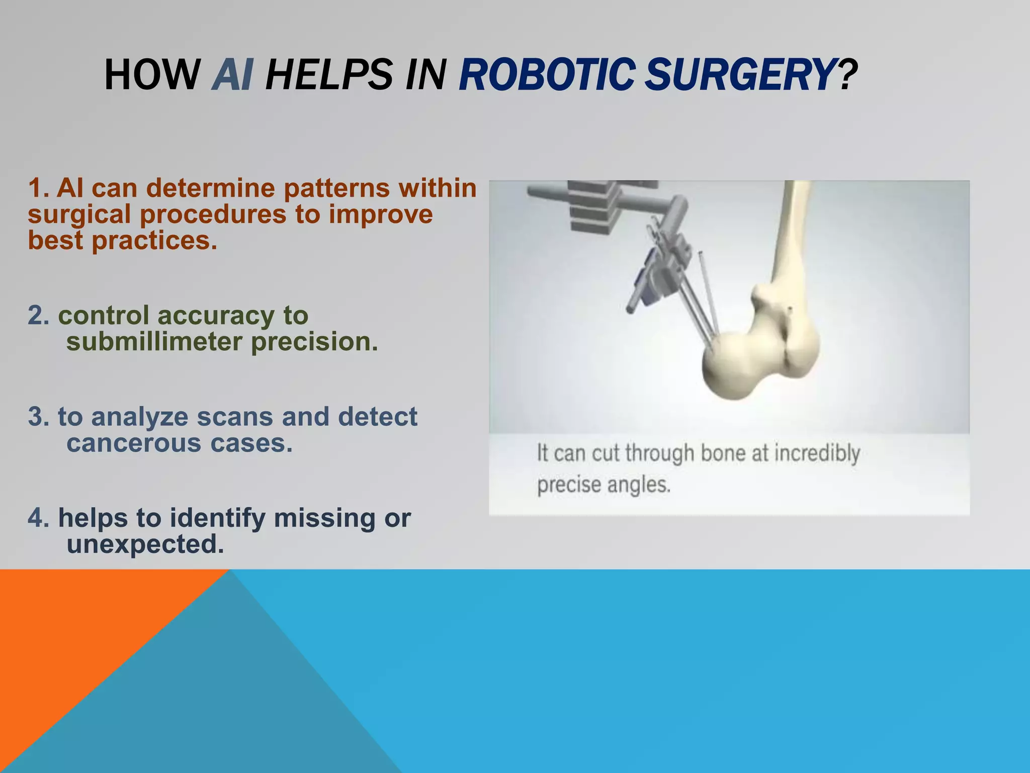 1. AI can determine patterns within
surgical procedures to improve
best practices.
2. control accuracy to
submillimeter precision.
3. to analyze scans and detect
cancerous cases.
4. helps to identify missing or
unexpected.
HOW AI HELPS IN ROBOTIC SURGERY?