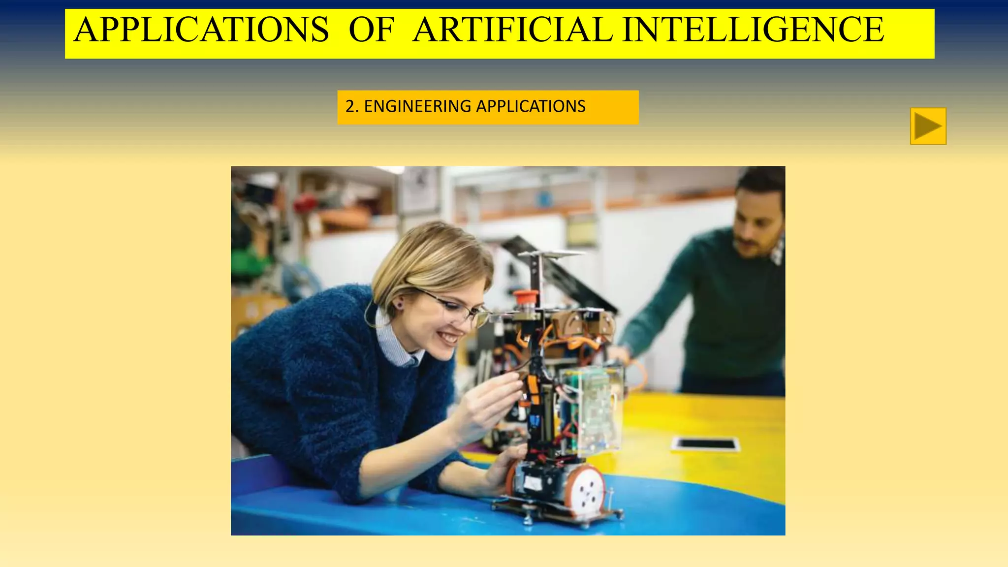 APPLICATIONS OF ARTIFICIAL INTELLIGENCE
1. ENGINEERING APPLICATIONS
APPLICATIONS OF ARTIFICIAL INTELLIGENCE
2. ENGINEERING APPLICATIONS
 