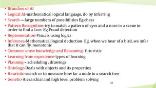 • Branches of AI
• Logical AI-mathematical logical language, do by inferring
• Search —large numbers of possibilities Eg.c...