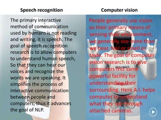 Speech recognition
The primary interactive
method of communication
used by humans is not reading
and writing, it is speech. The
goal of speech recognition
research is to allow computers
to understand human speech,
So that they can hear our
voices and recognize the
words we are speaking. It
simplifies the process of
interactive communication
between people and
computers, thus it advances
the goal of NLP.
Computer vision
People generally use vision
as their primary means of
sensing their environment,
we generally see more than
we hear, feel or smell or
taste. The goal of computer
vision research is to give
computers this same
powerful facility for
understanding their
surrounding. Here A.I. helps
computer to understand
what they see through
attached cameras.
 