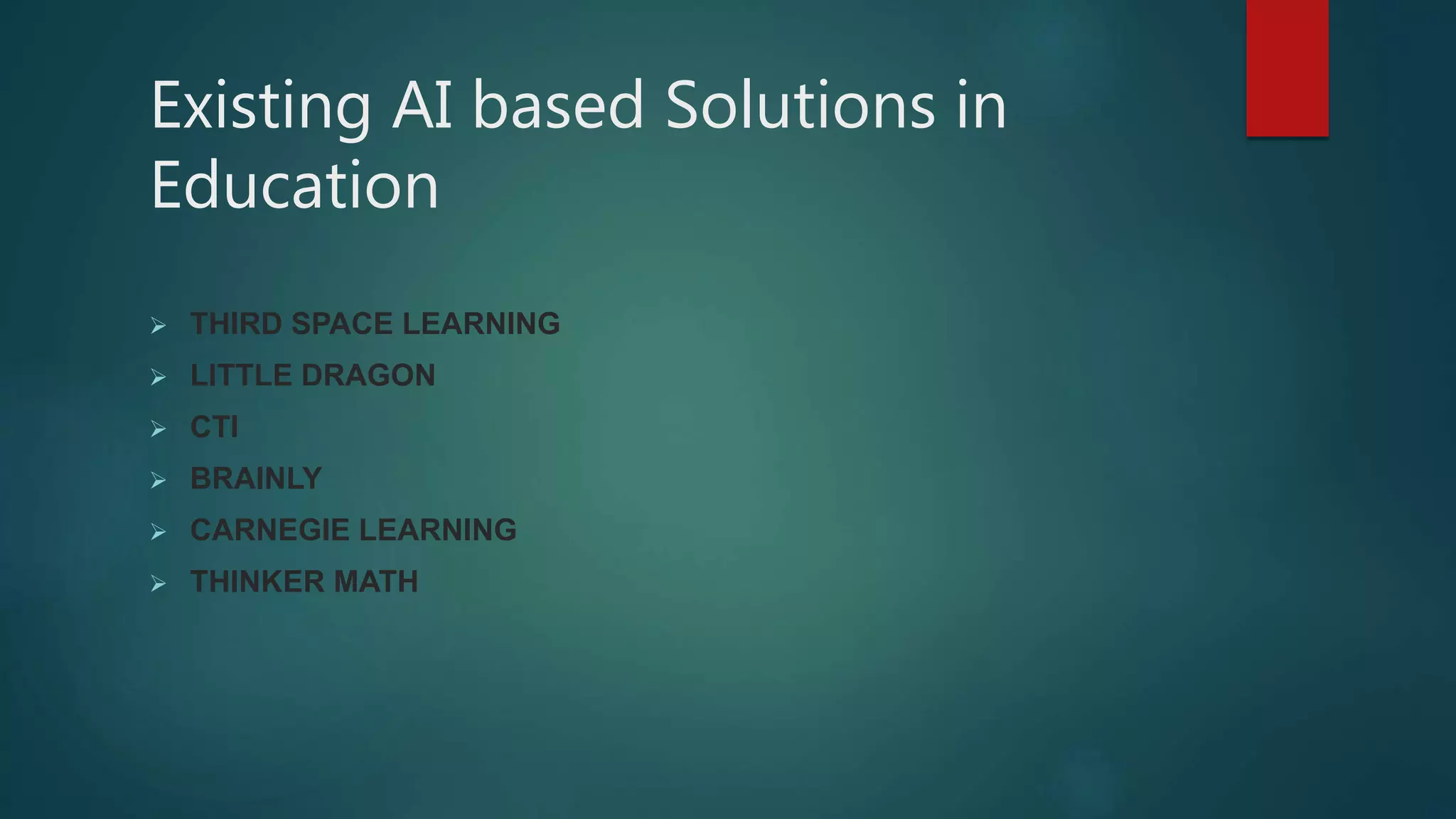 Existing AI based Solutions in
Education
 THIRD SPACE LEARNING
 LITTLE DRAGON
 CTI
 BRAINLY
 CARNEGIE LEARNING
 THINKER MATH
 
