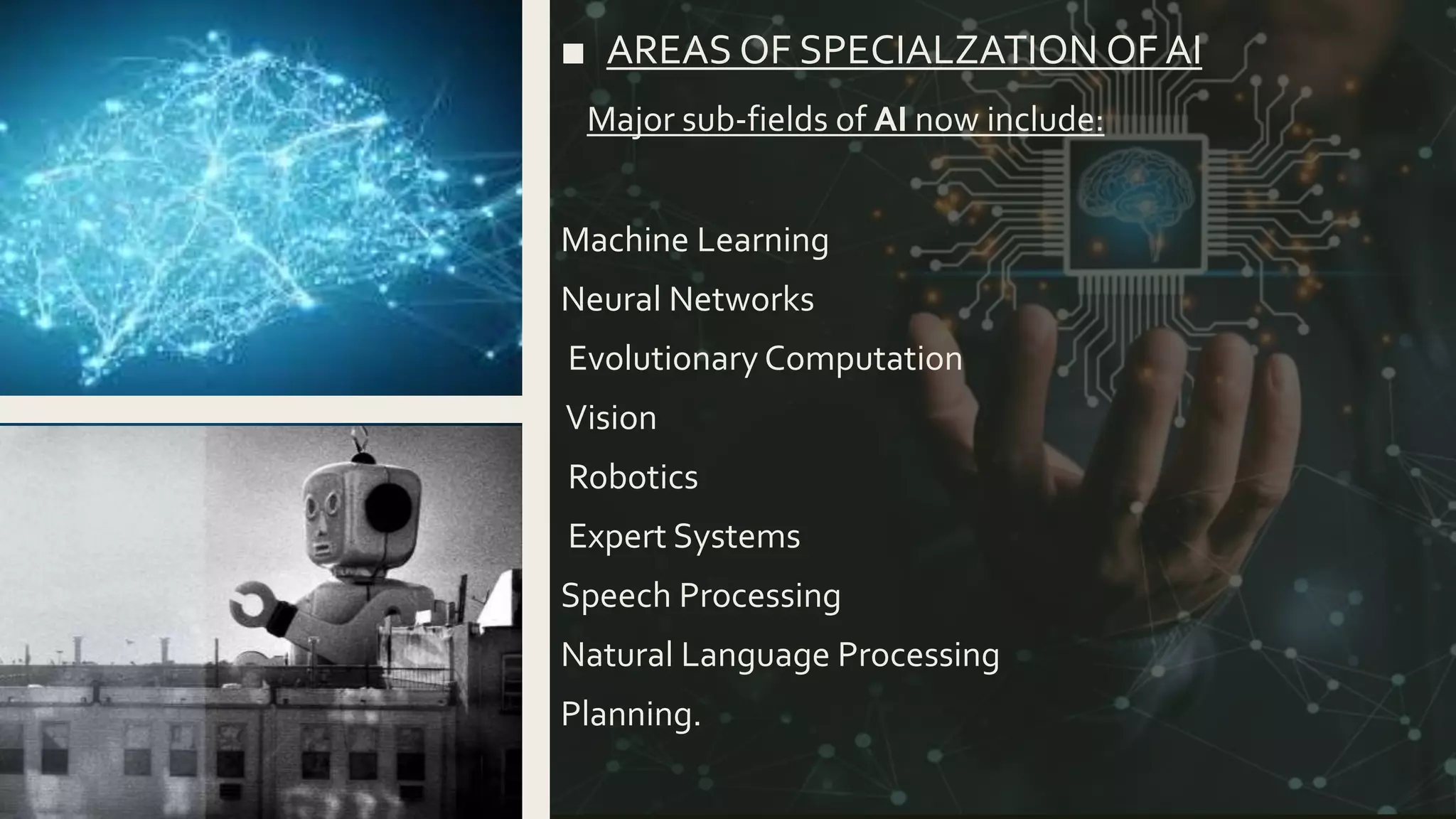 ■ AREAS OF SPECIALZATION OF AI
Major sub-fields of AI now include:
Machine Learning
Neural Networks
Evolutionary Computation
Vision
Robotics
Expert Systems
Speech Processing
Natural Language Processing
Planning.
 